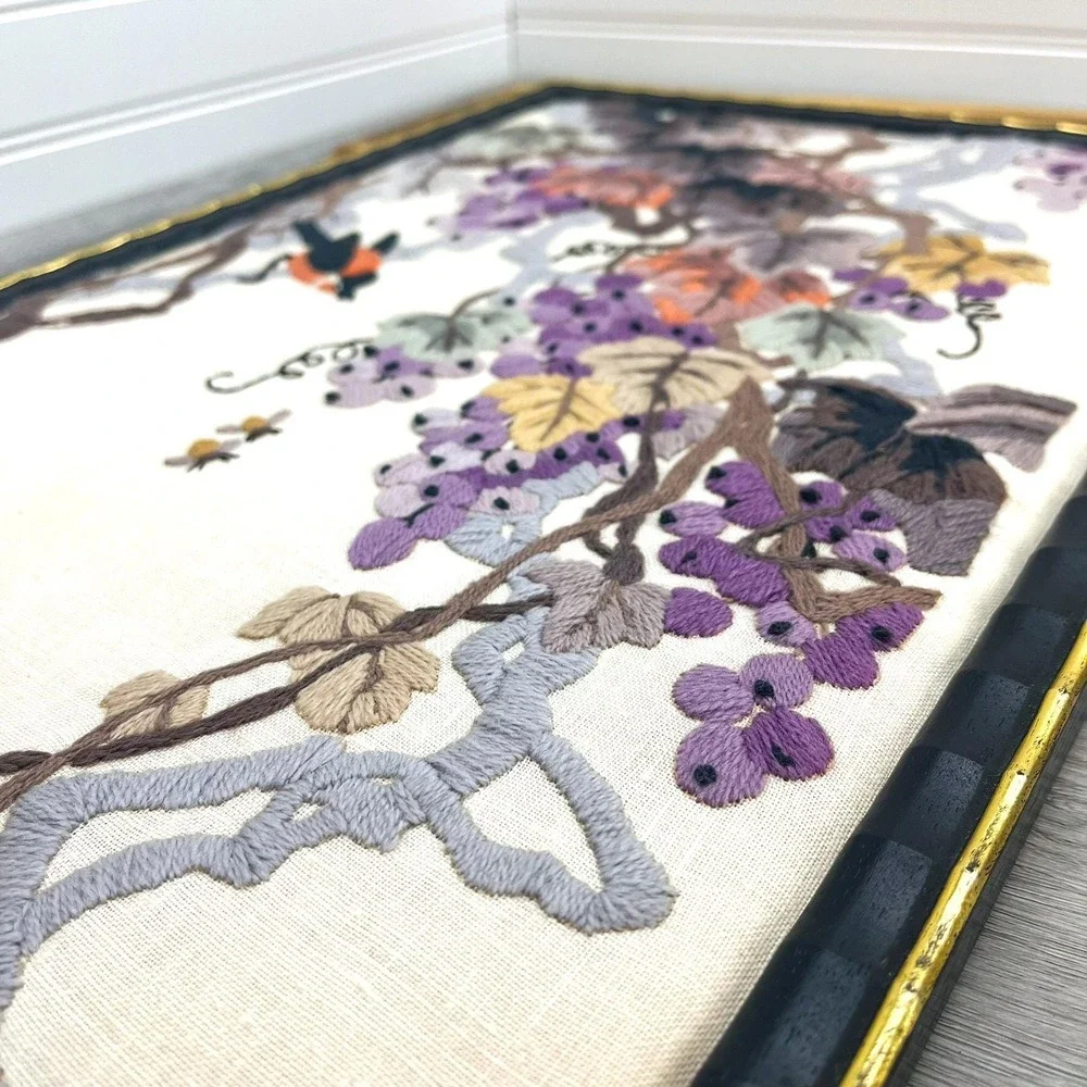 Vintage Framed Floral Needlepoint: Bird & Grape Embroidery Wall Art - Picture 2 of 9
